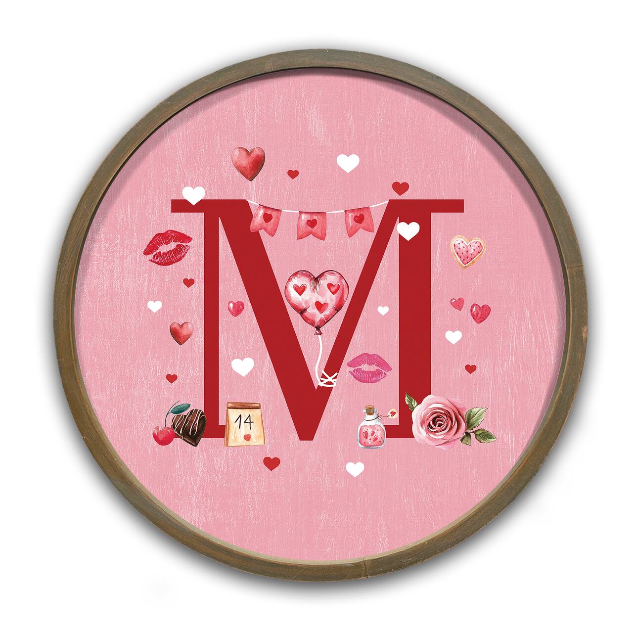Valentine Things Monogram Round Brown Framed Print